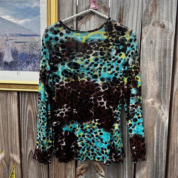 sheer mesh leopard print blouse sequins blue brown green long sleeve - Picture 2 of 7